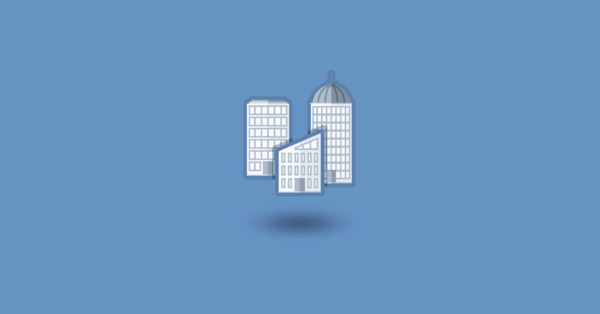 A set of three building icon graphics suspended with a shadow underneath, set on top of a light blue background